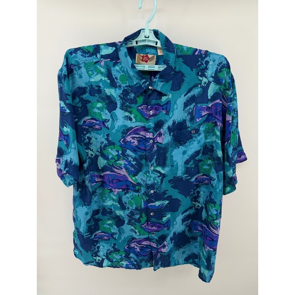 Hilo Hattie Other - Hilo Hattie Mens XL Blue Purple Fish Print 100% Silk Short Sleeve Aloha Shirt